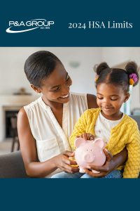 A mother and daughter put money into a piggy bank. Above their image is a dark blue banner with the heading "2024 HSA Limits" in white font.