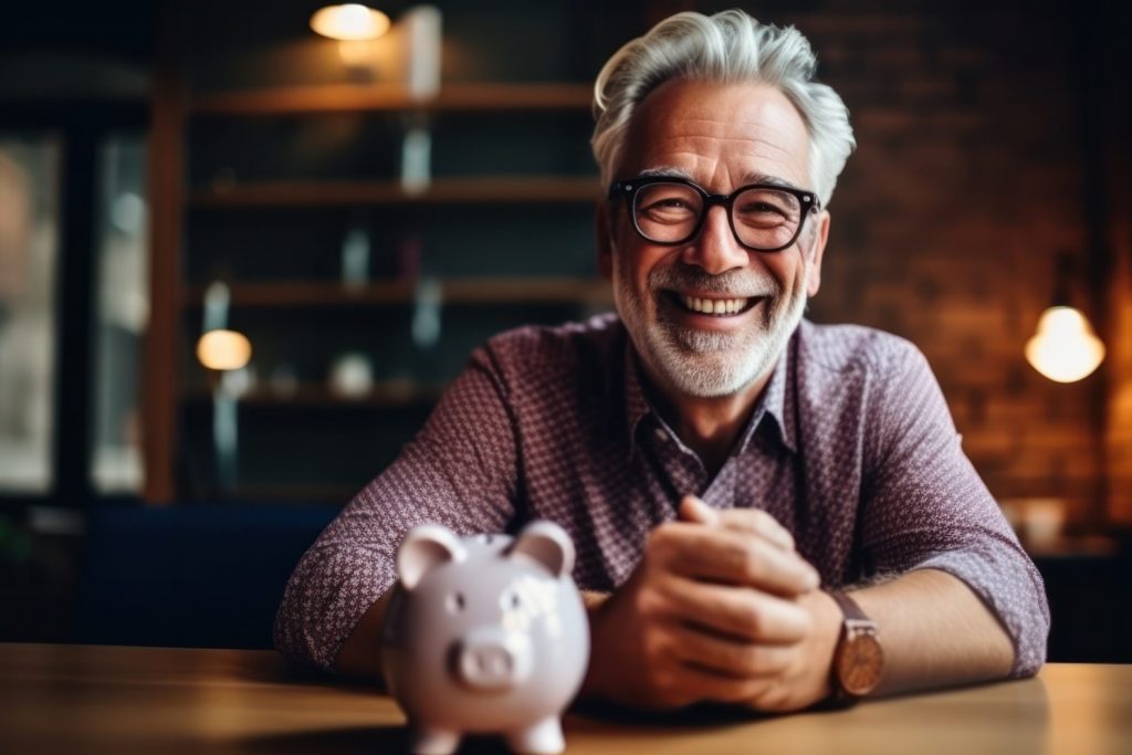 Happy senior man in glasses smiling and looking in camera sitting at table near piggy bank.